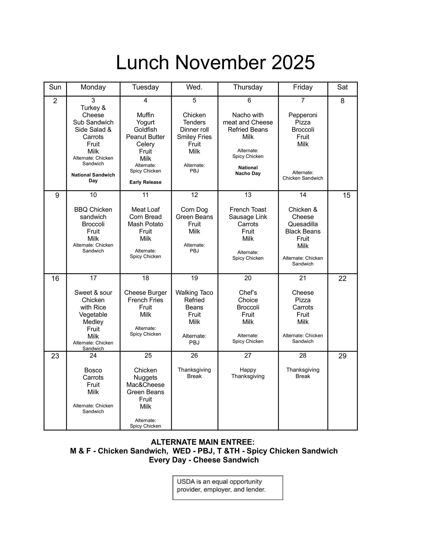 Lunch menu November