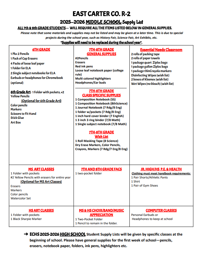 middle school supply list