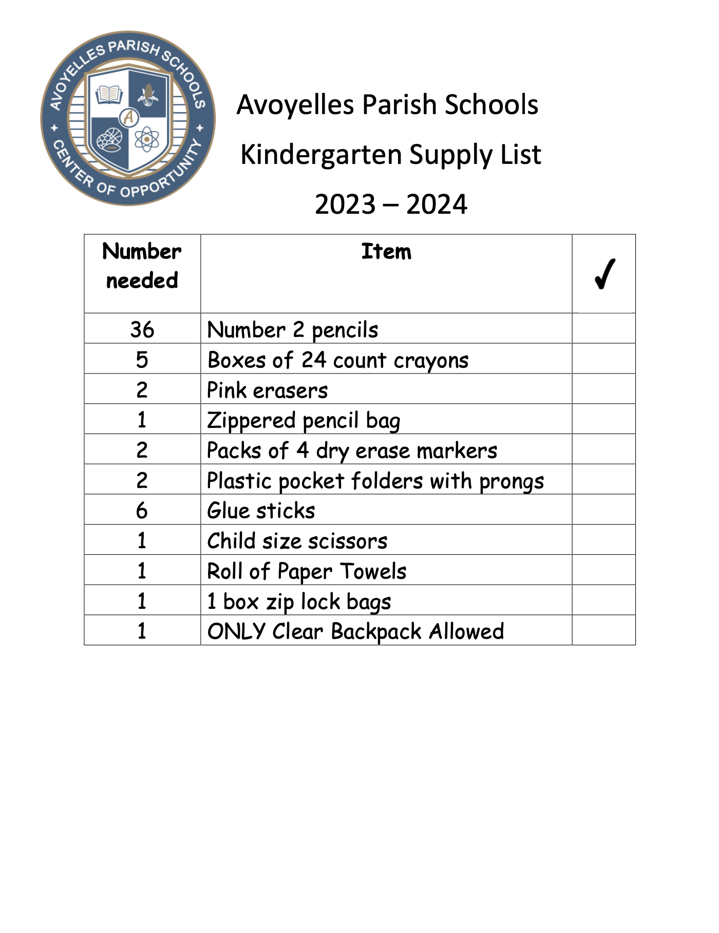 Kindergarten Supply lIst 2023-204