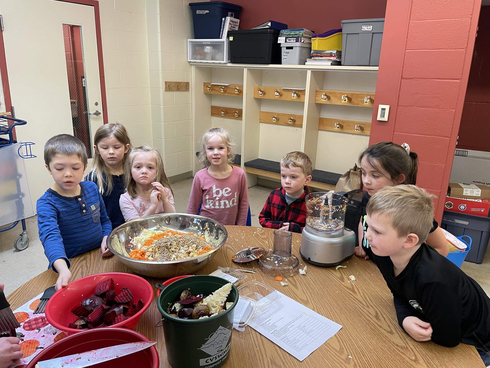 Kindergarten Students prepare a beet and carrot salad with Miss Beth and share taste test samples with our school