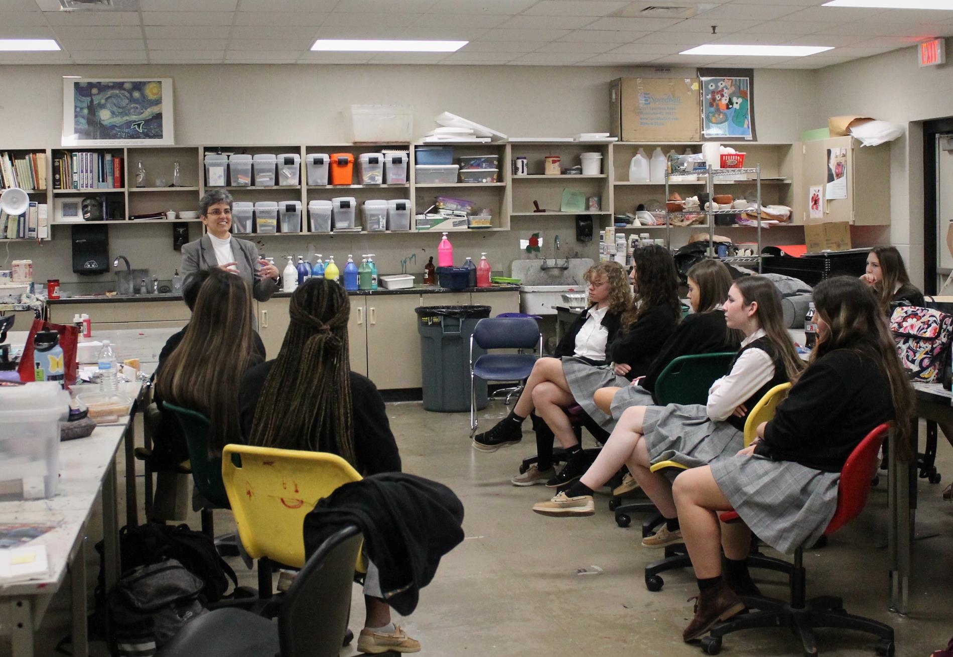 Sister Tonette speaking with students