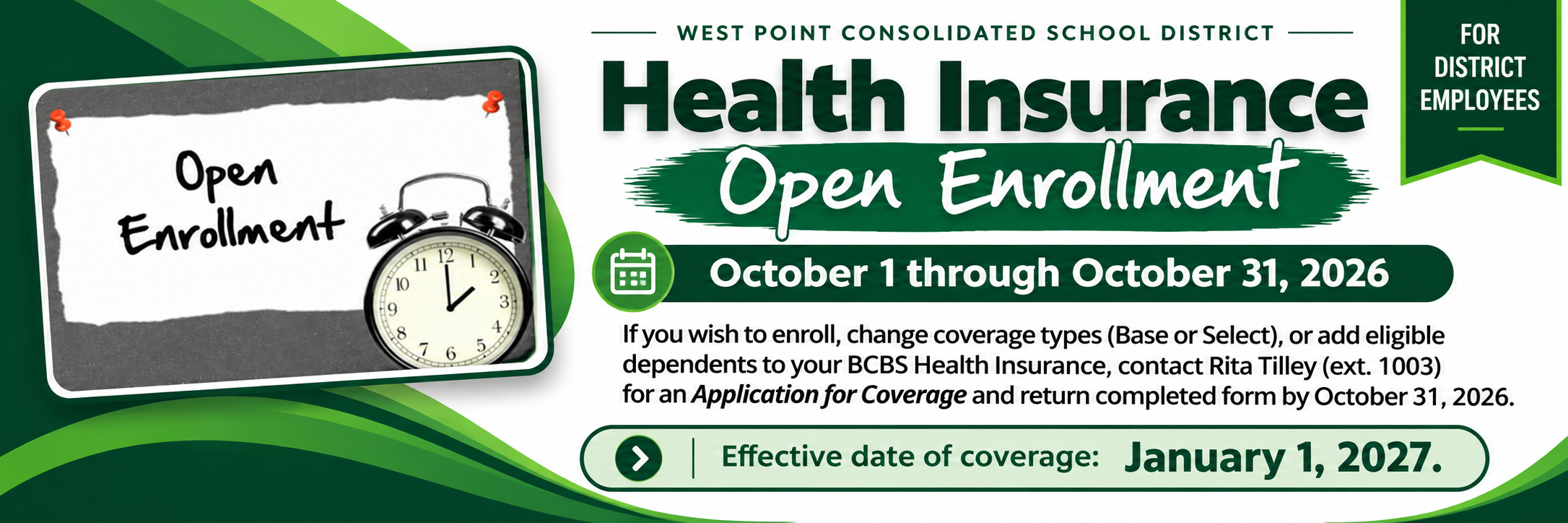 West Point Consolidated School District Health Insurance Open Enrollment announcement for October 1 through October 31, 2026