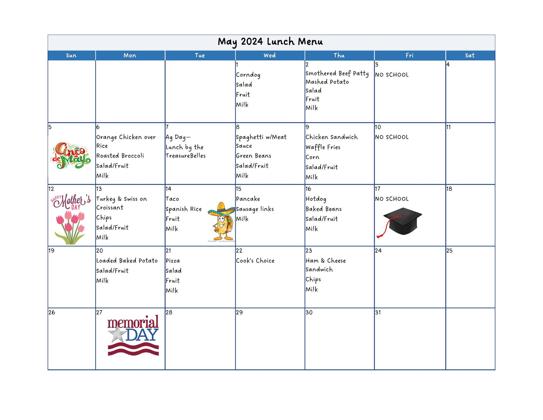 lunch menu for May 2024