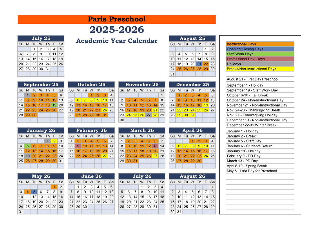 25-26 preschool calendar