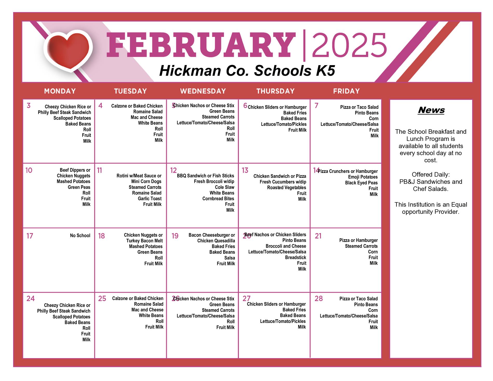 Lunch menus for the elementary & intermediate schools