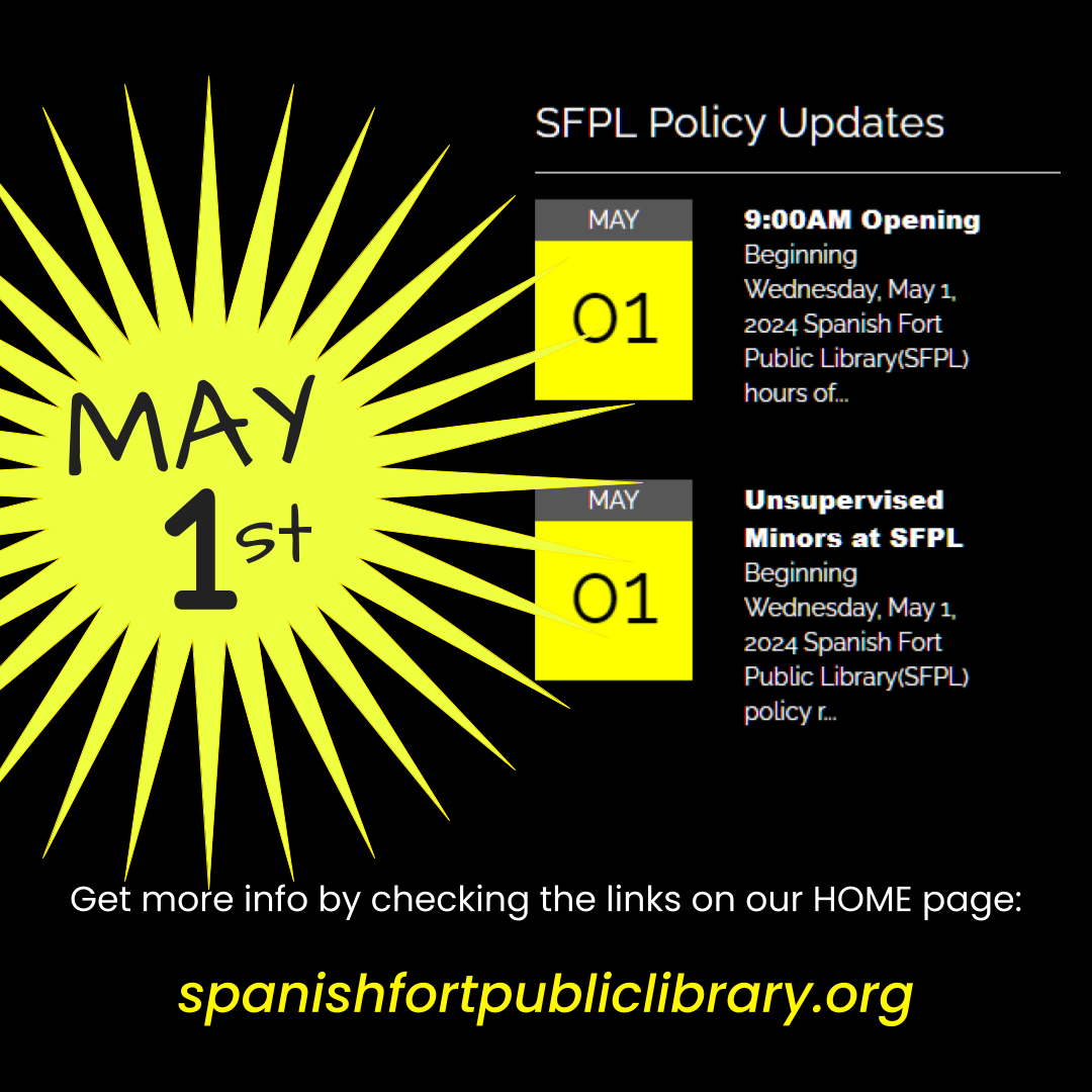 As of May 1, 2024 SFPL will open at 9:00am and patrons under the age of 12 years old must be accompanied by an adult while they are in the library.