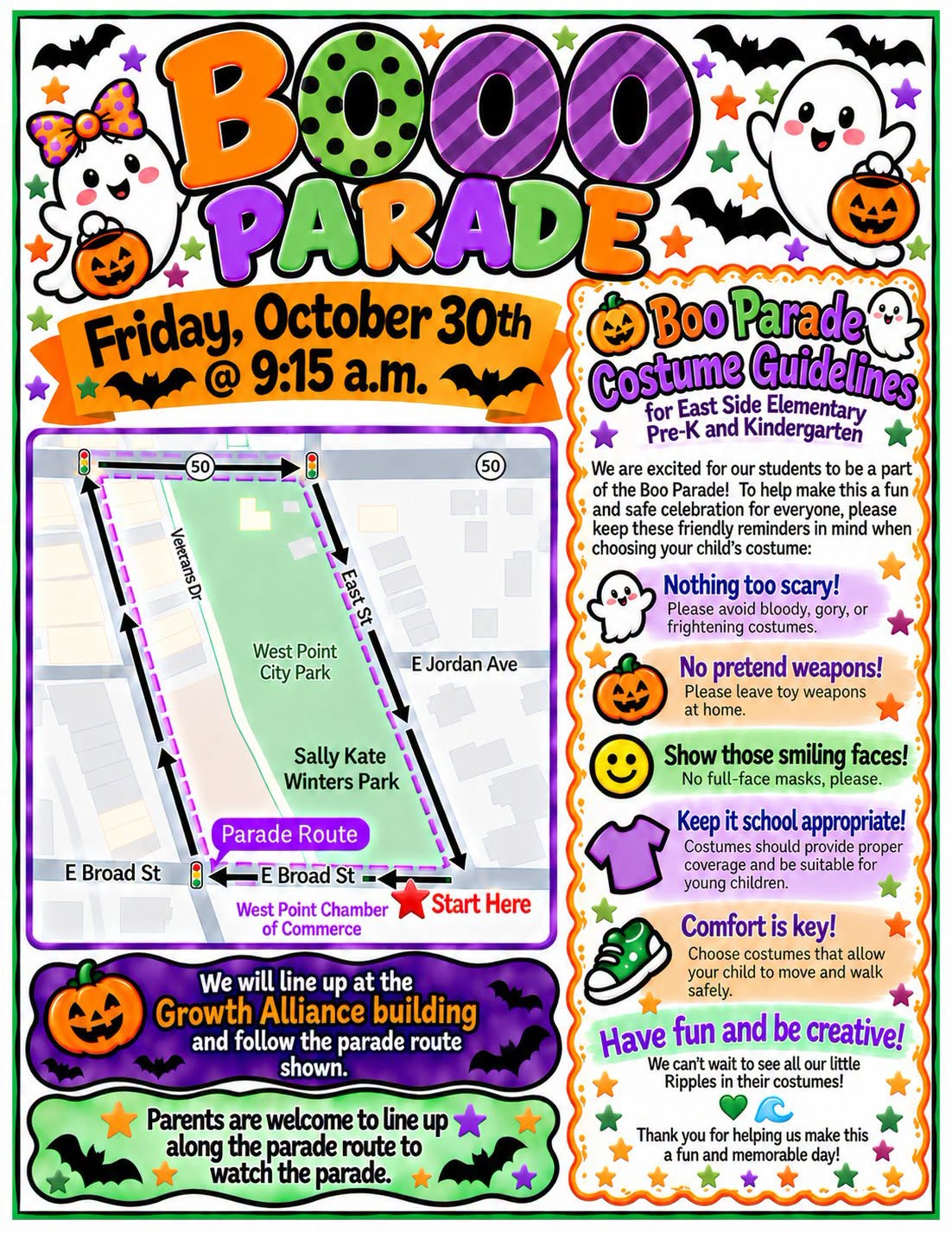 East Side Elementary Boo Parade flyer announcing the Friday, October 30 parade at 9:15 a.m., including the parade route and costume guidelines for Pre-K and Kindergarten students.