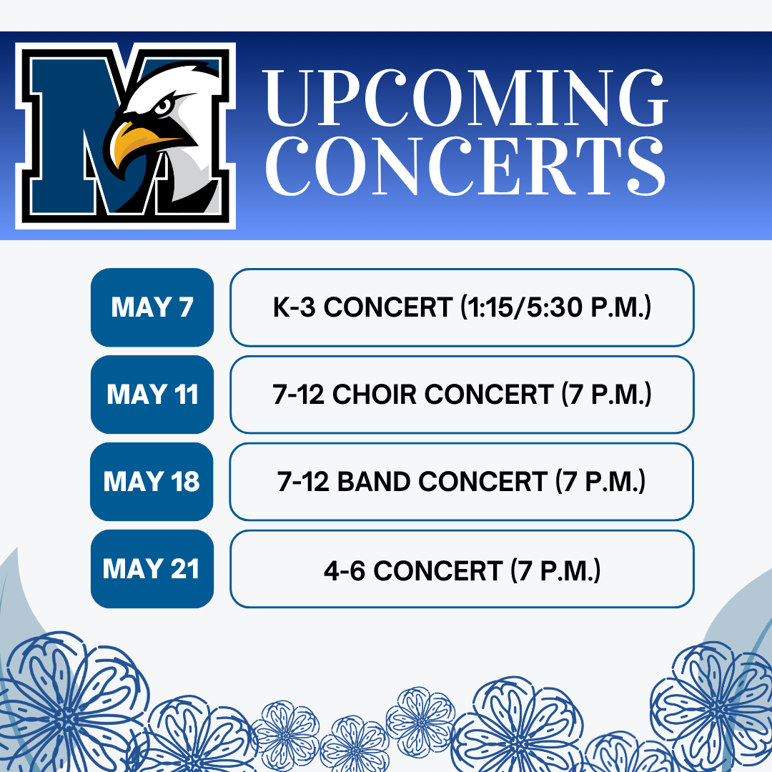 a list of four upcoming concerts at the school in May