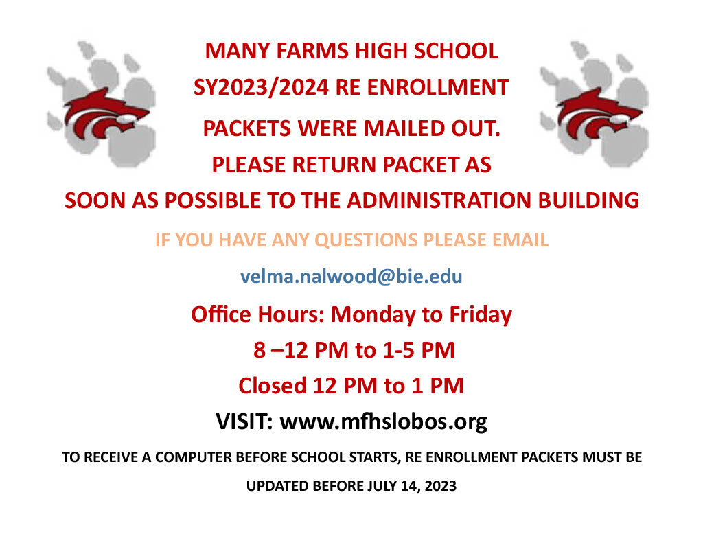 MANY FARMS HIGH SCHOOL SY2023/2024 RE ENROLLMENT