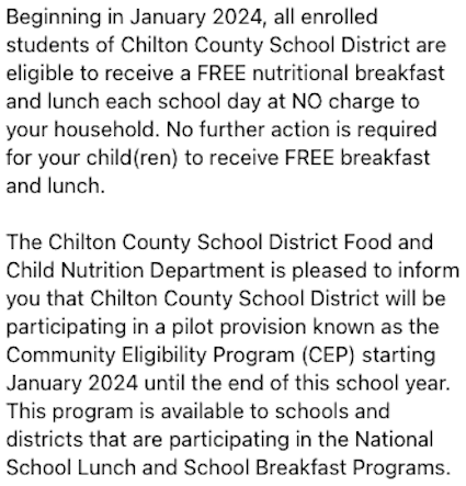 All Chilton County students will receive free breakfast and lunch in the 2024-2025 school year