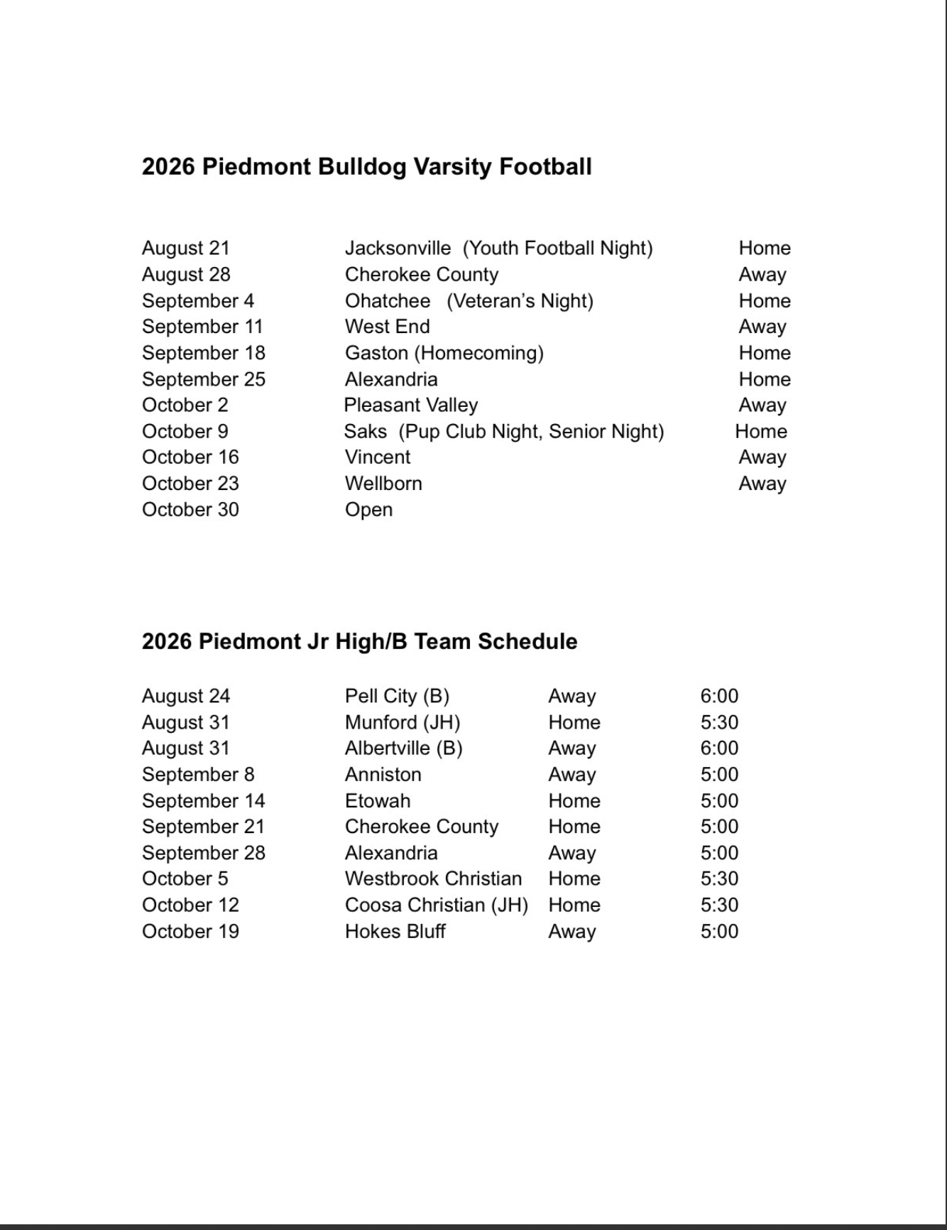 Football Schedule