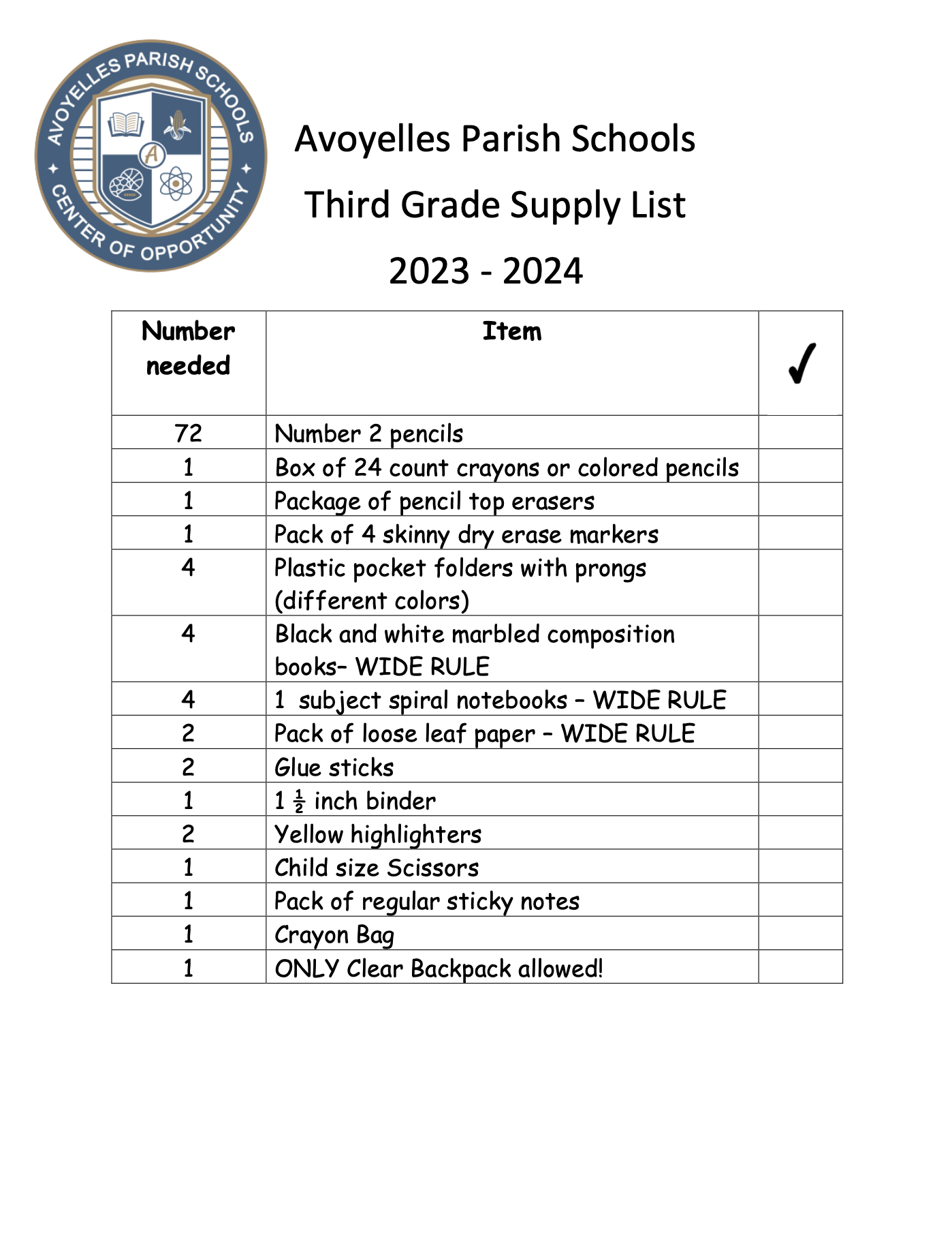 5th Grade Supply List 2023-2024