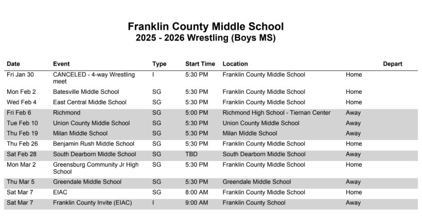 2026 Wrestling Schedule updated January 30