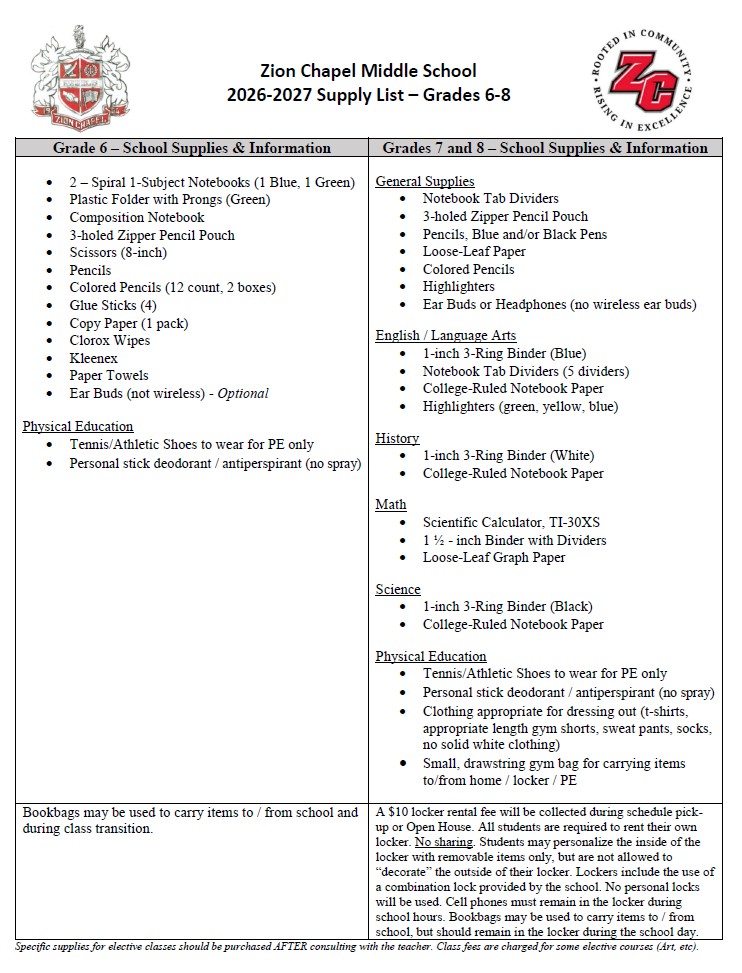 ZC Middle School Supply List 2026-2027