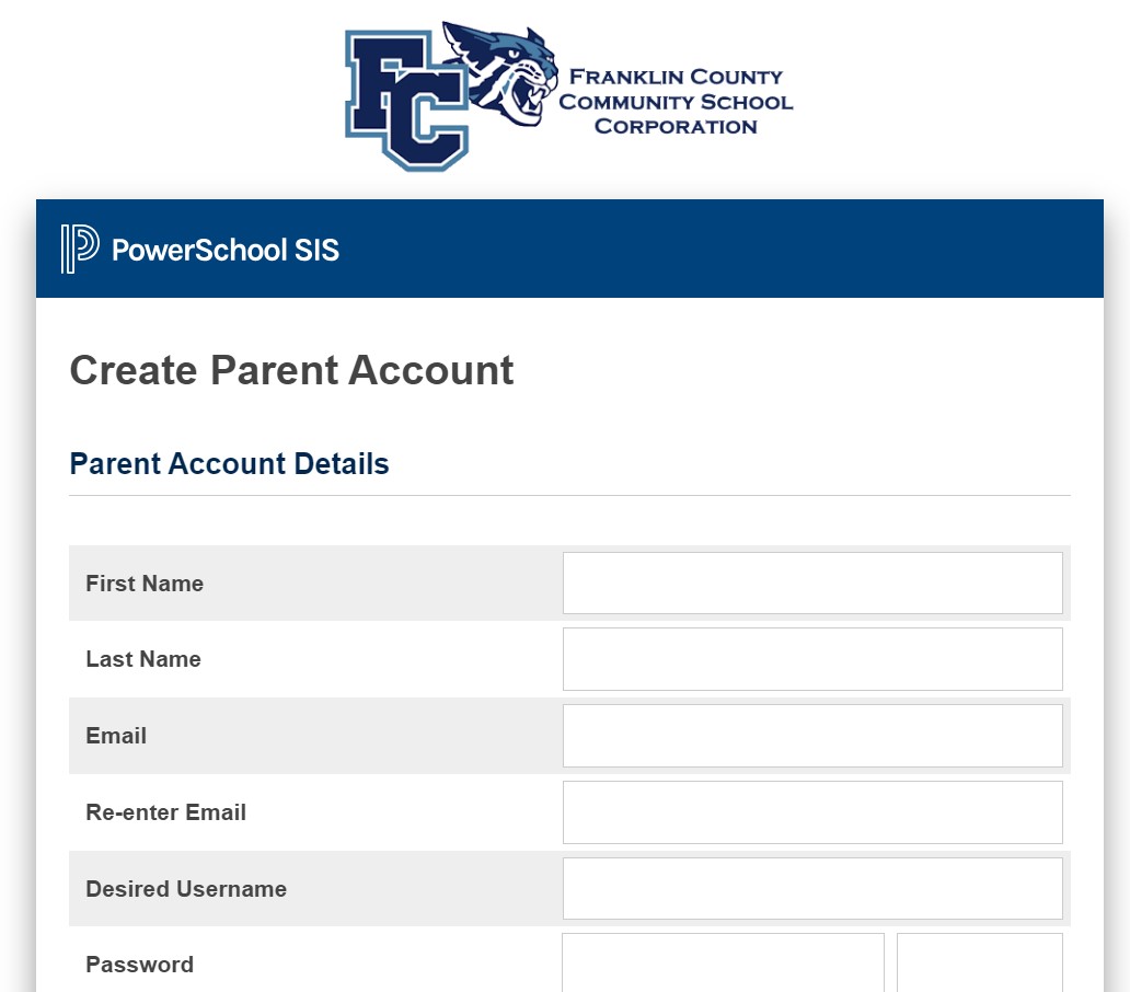 Create PS Parent Account screen