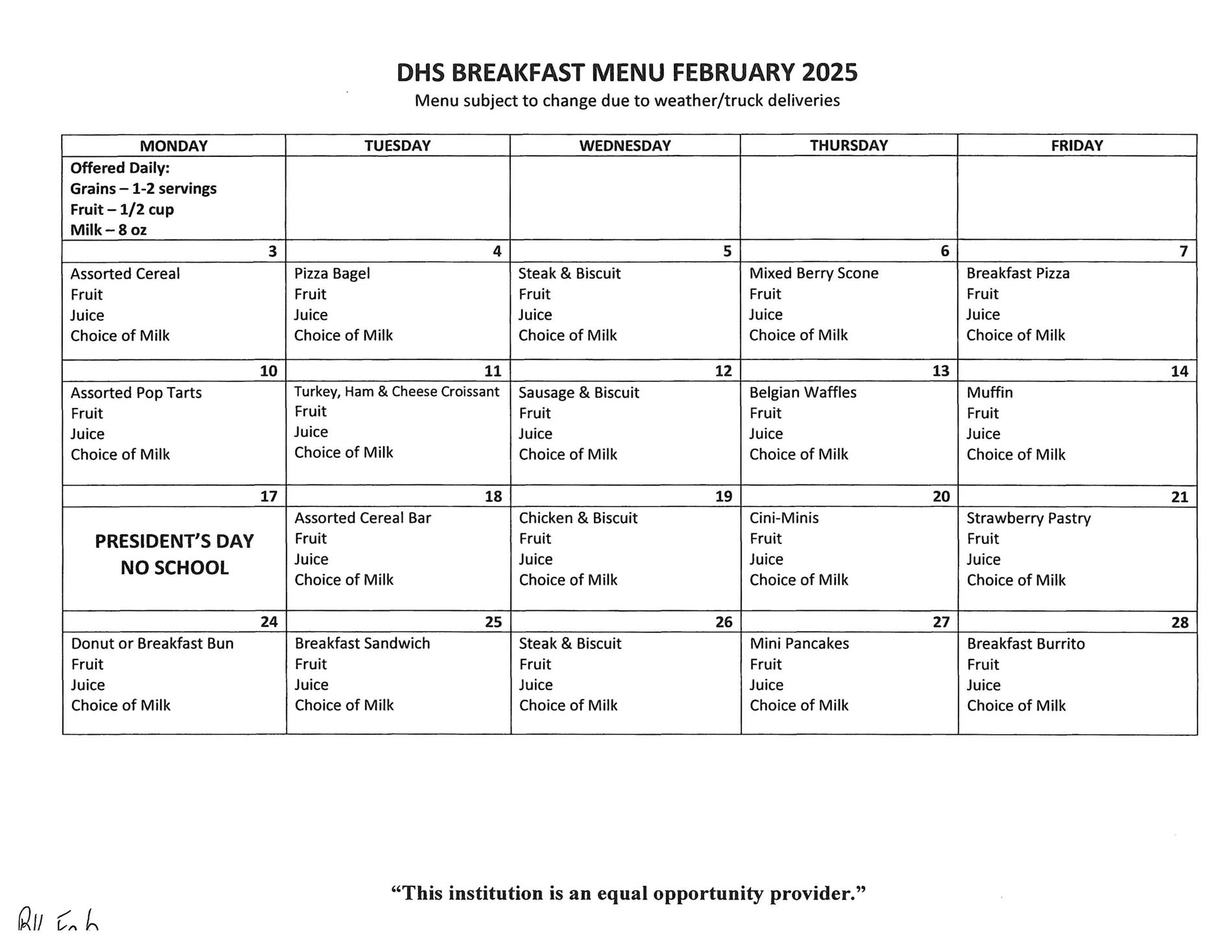 DHS Breakfast Menu