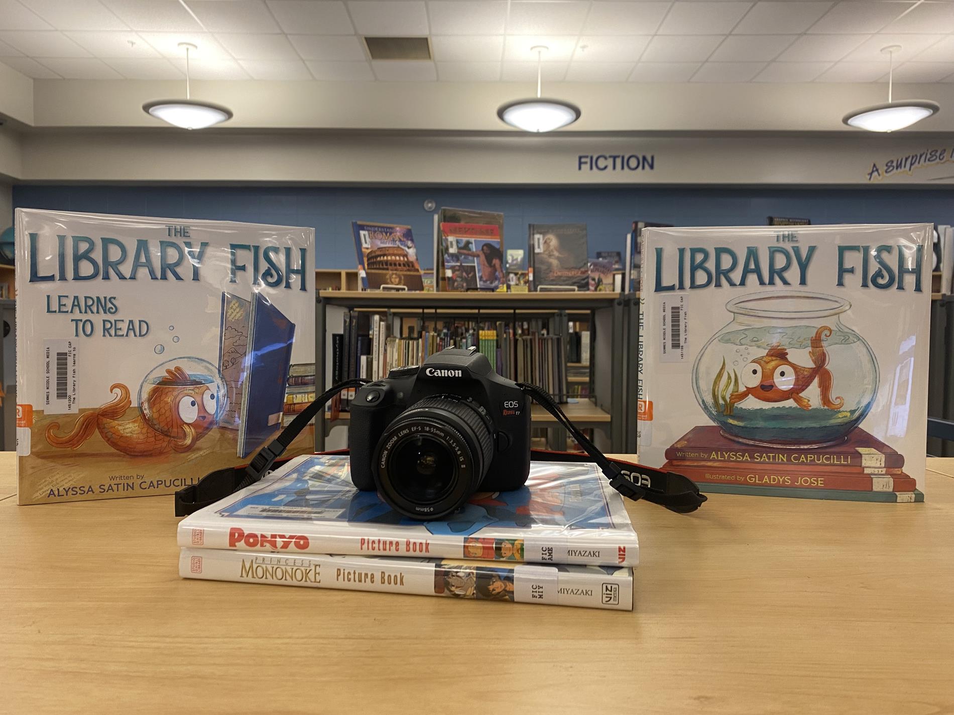 Camera and library books in the library 