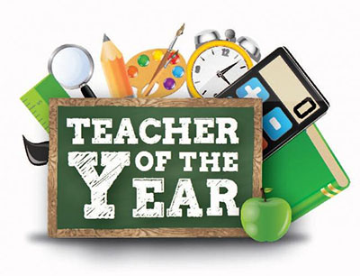 Teacher of the Year written on chalkboard with educational supplies in the background