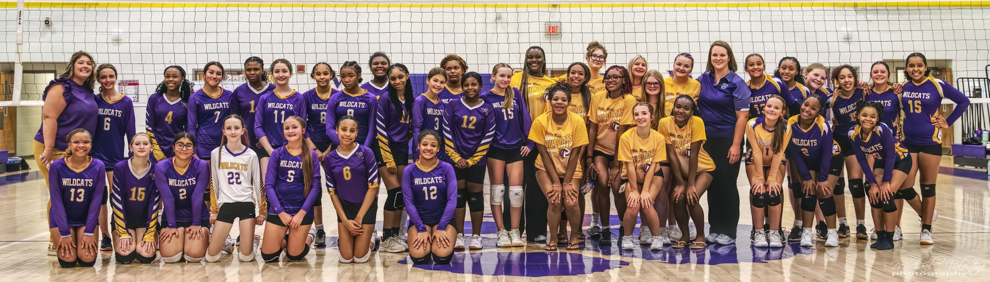 VRMS, VRHS, and BSMS volleyball players posing for group photo