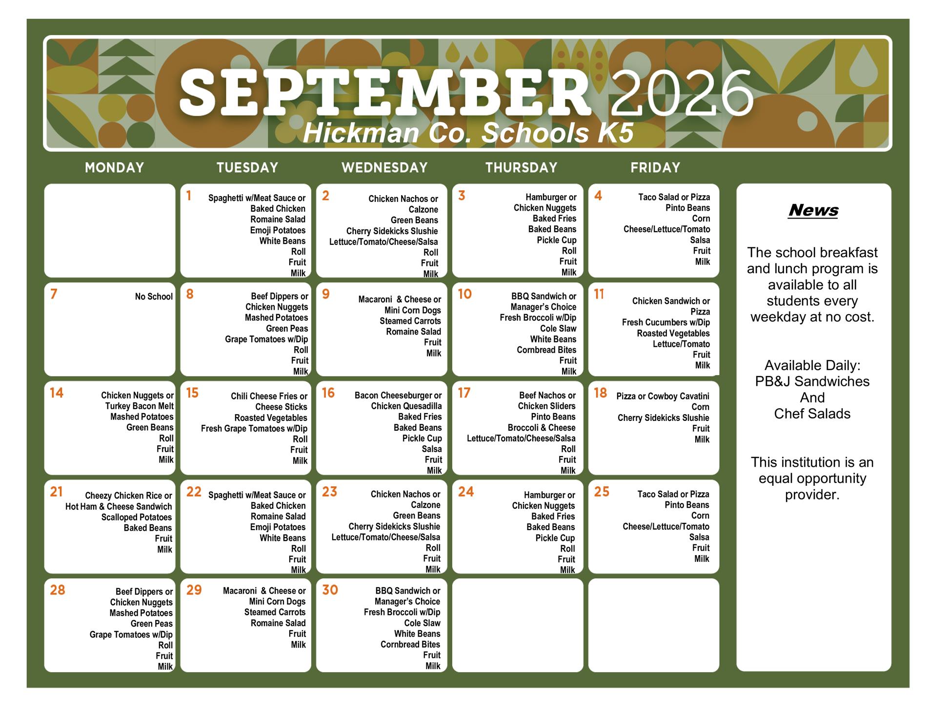 Menu for K5 for September 2026