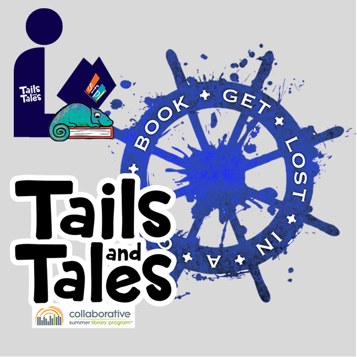 2021 CSLP Tails and Tails Summer Reading text logo with SFPL library icon logo and ship's wheel graphic