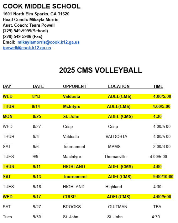 Volleyball Schedule