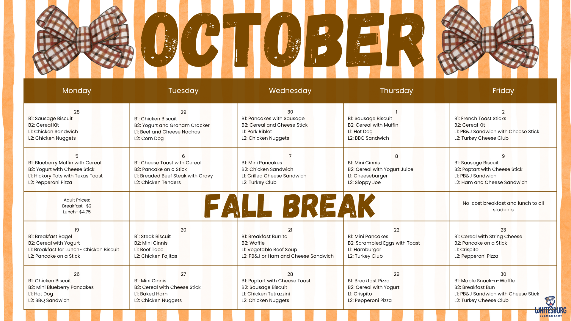 Whitesburg Elementary students are able to receive a breakfast and lunch at no cost. Adults breakfast is $2 and lunch is $4.75. The weekly menu is shared on the parent bulletin and it is posted in the cafeteria. 
