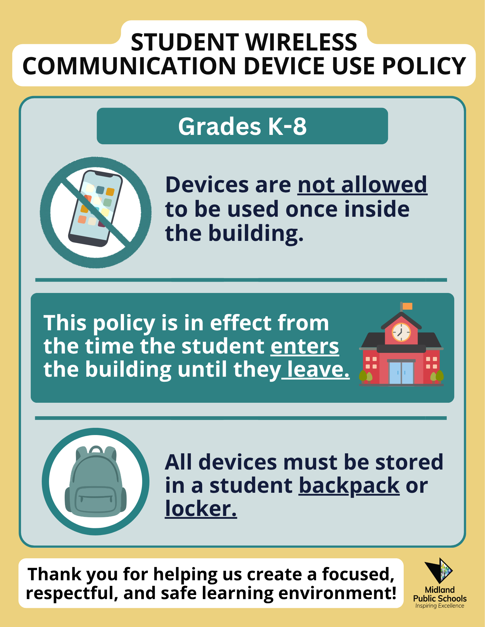 Policy guidelines for student wireless communications devices for students in grades K-8