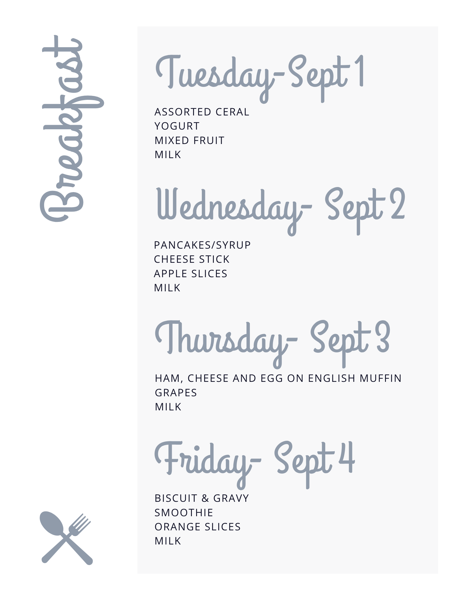 Breakfast menu