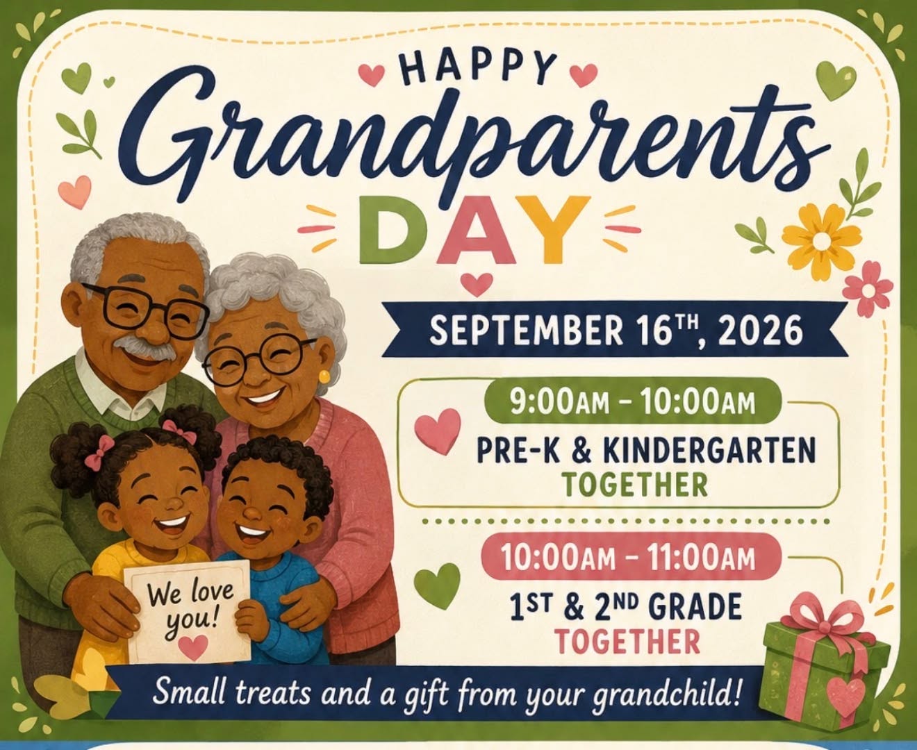 West Clay Elementary Grandparents Day flyer for September 16, 2026, with Pre-K and Kindergarten scheduled from 9:00–10:00 AM and 1st and 2nd grades scheduled from 10:00–11:00 AM.