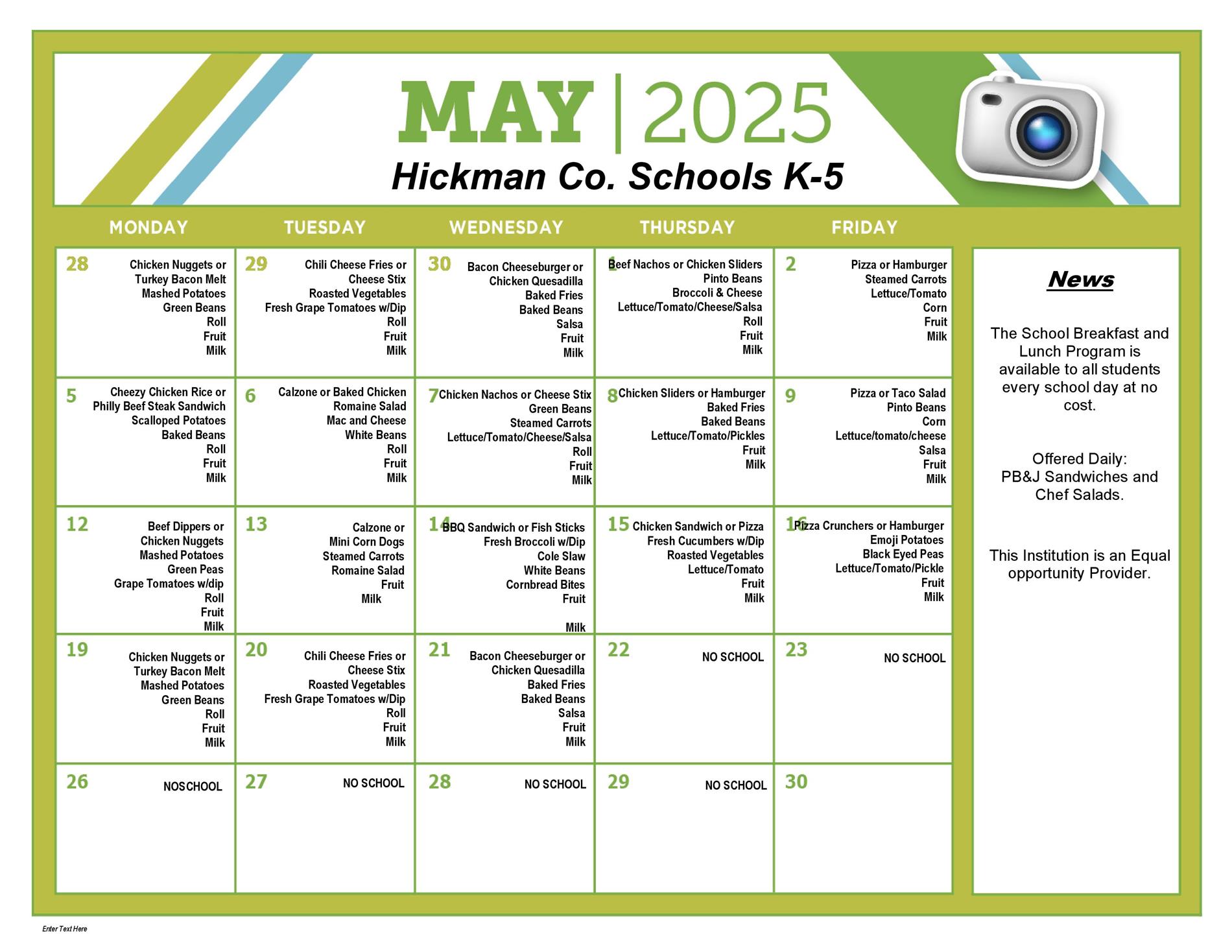 Lunch menus for the elementary & intermediate schools