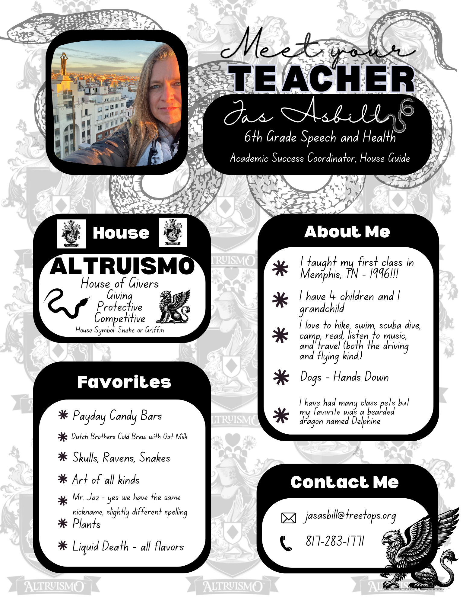 Meet the Teacher Poster with image of teacher, name Jas Asbill, teaches 6th grade speech and health 