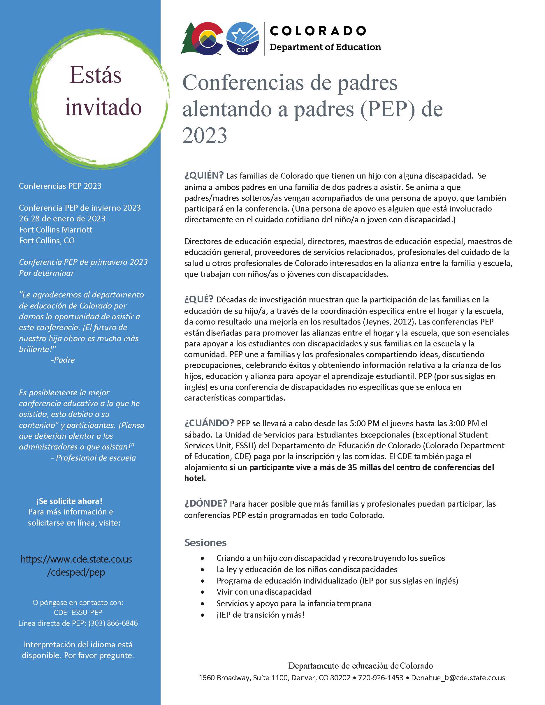 Colorado Department of Education Parents Encouraging Parents Academy Spanish Flyer