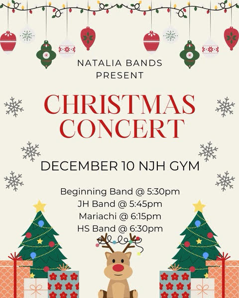 Flyer regarding Bands Christmas Concert on December 10 beginning at 5:30