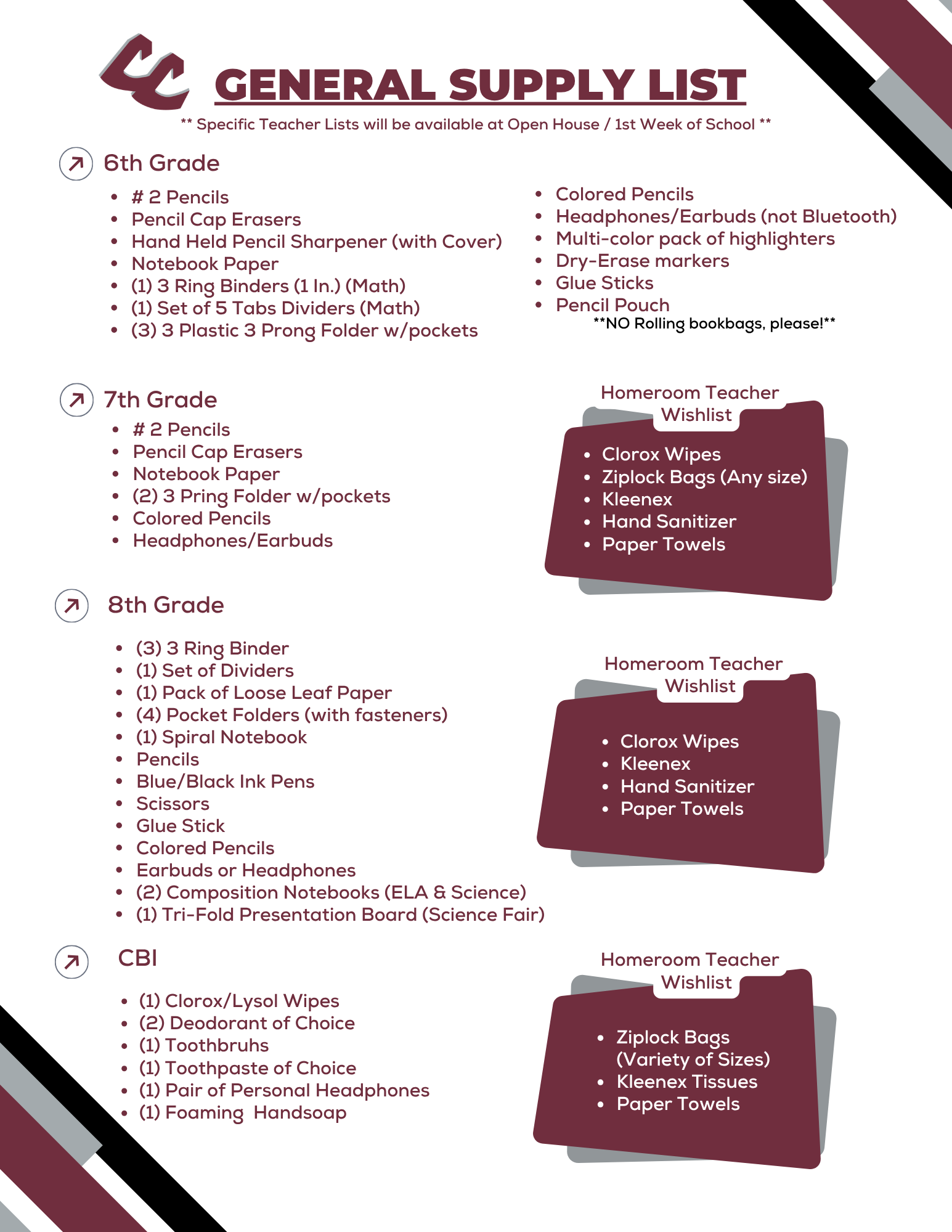  LL ** GENERAL SUPPLY LIST Specific Teacher Lists will be available at Open House / 1st Week of School ** 7 6th Grade • #2 Pencils • Pencil Cap Erasers • Hand Held Pencil Sharpener (with Cover) • Notebook Paper • Multi-color pack of highlighters • Dry-Erase markers • Glue Sticks • Pencil Pouch • (1) 3 Ring Binders (1 In.) (Math) · (1) Set of 5 Tabs Dividers (Math) **NO Rolling bookbags, please!** • (3) 3 Plastic 3 Prong Folder w/pockets • Colored Pencils • Headphones/Earbuds (not Bluetooth) 77th Grade # 2 Pencils • Pencil Cap Erasers • Notebook Paper • • • (2) 3 Pring Folder w/pockets Colored Pencils Headphones/Earbuds Homeroom Teacher Wishlist • Clorox Wipes • Ziplock Bags (Any size) • Kleenex • Hand Sanitizer • Paper Towels 8th Grade · (3) 3 Ring Binder (1) Set of Dividers • (1) Pack of Loose Leaf Paper ⚫ (4) Pocket Folders (with fasteners) · (1) Spiral Notebook • Homeroom Teacher Wishlist • Clorox Wipes • Kleenex • Hand Sanitizer • Pencils Blue/Black Ink Pens • Scissors • Glue Stick • Colored Pencils • Earbuds or Headphones • (2) Composition Notebooks (ELA & Science) ⚫ (1) Tri-Fold Presentation Board (Science Fair) •