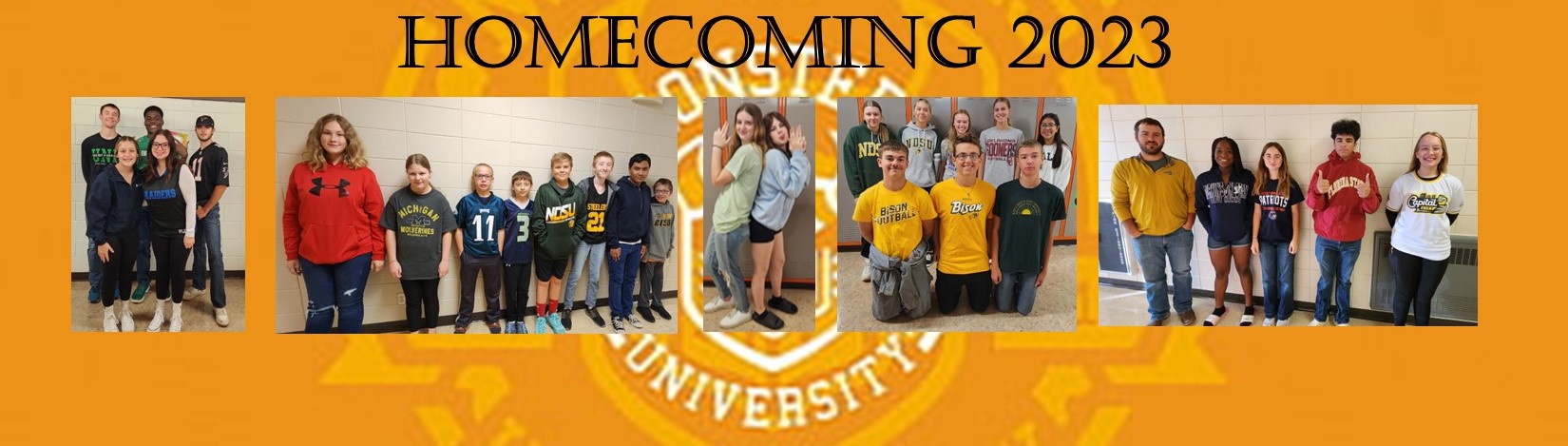 images of groups of students in college wear on a orange background