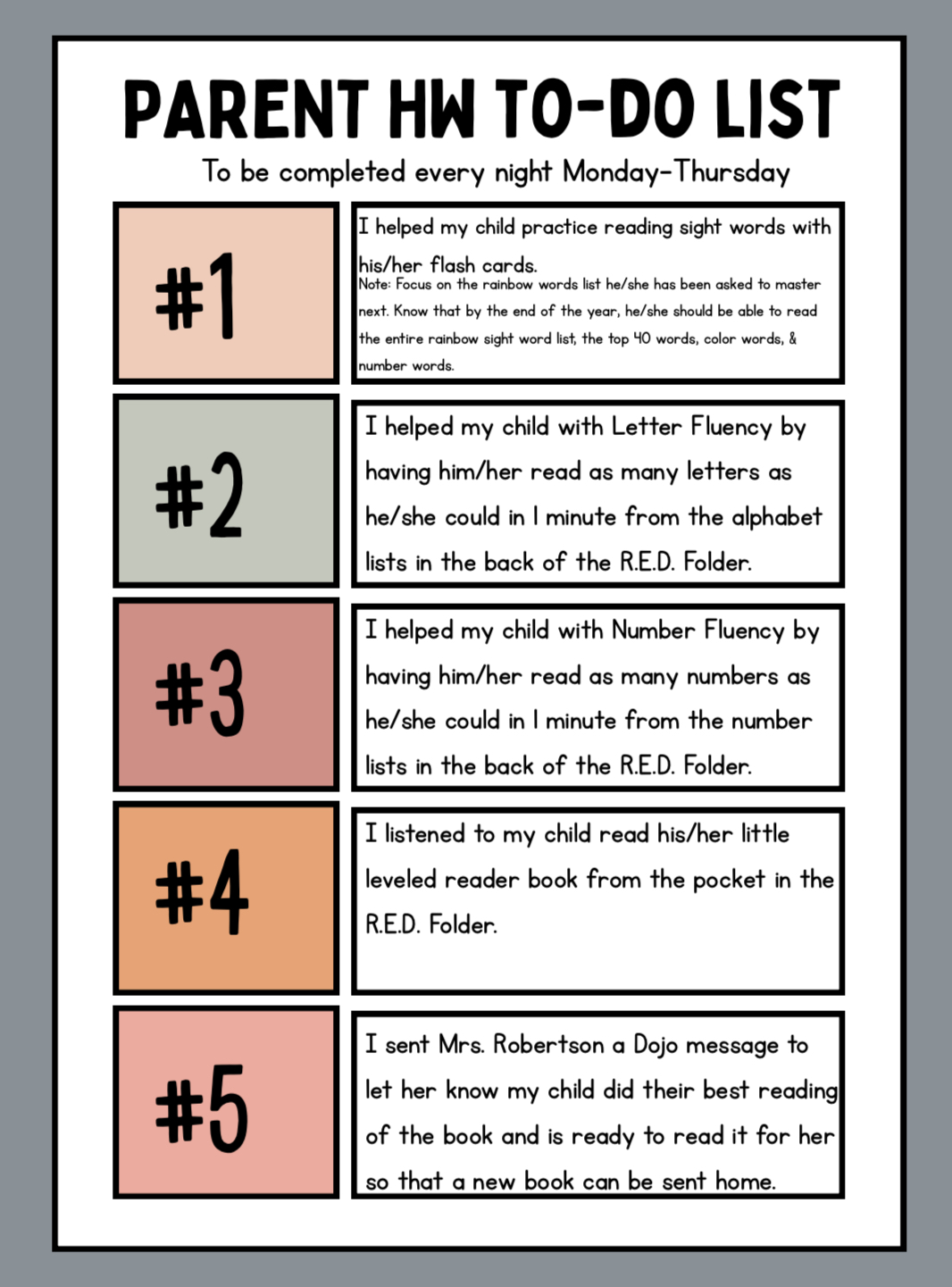 Parent HW Checklist for K