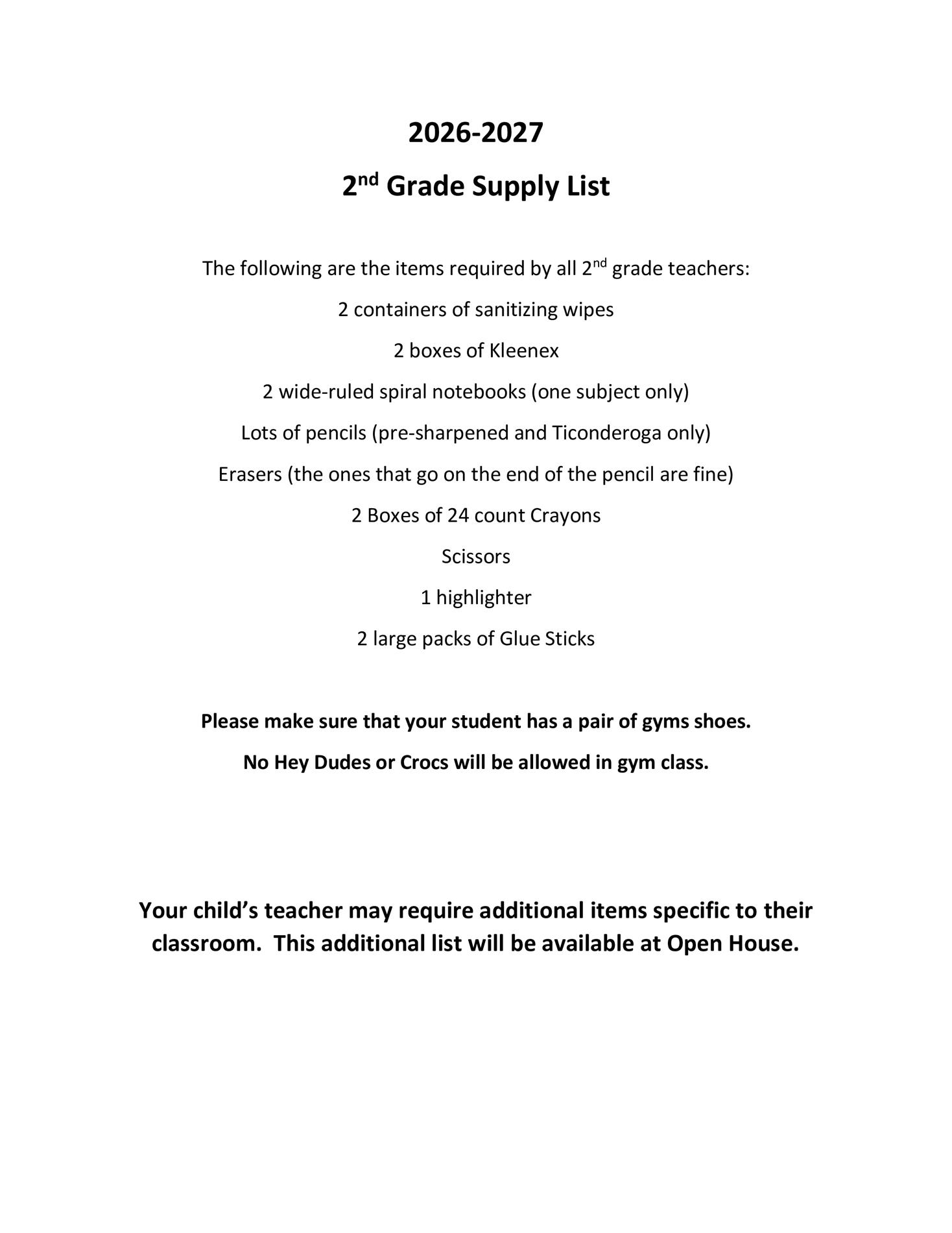 2nd Grade School Supply List