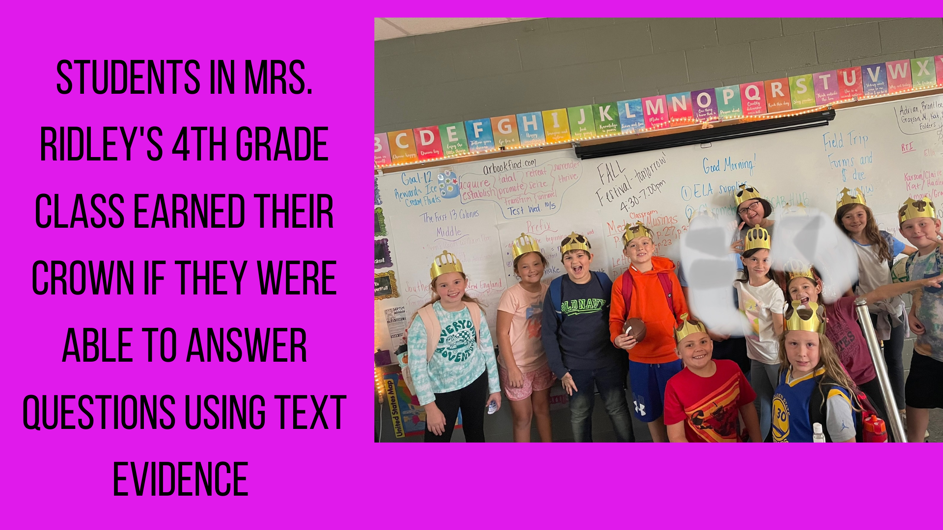 Students receiving crowns for using text evidence 