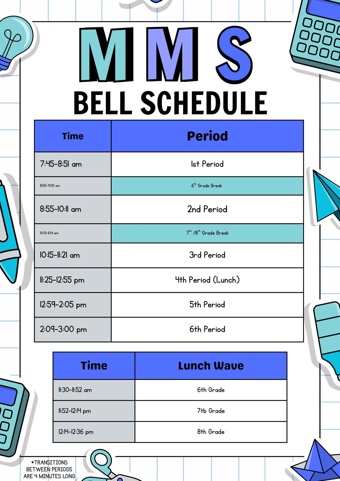 MMS Bell Schedule and Lunch Schedule with lined background and images of school supplies