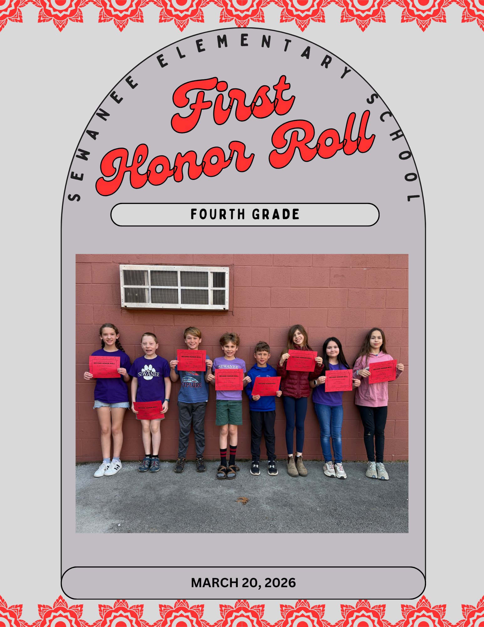 Sewanee Elementary School 4th Grade Second Honor Roll - March 20, 2026