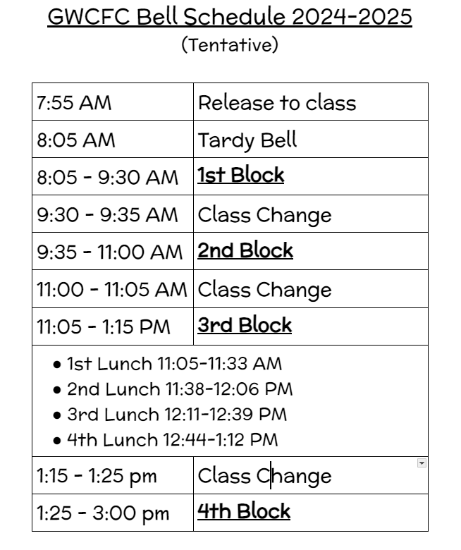 Bell schedule for the 24-25 year