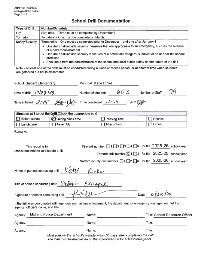 Form for Siebert Elementary's first tornado drill of 2025-2026