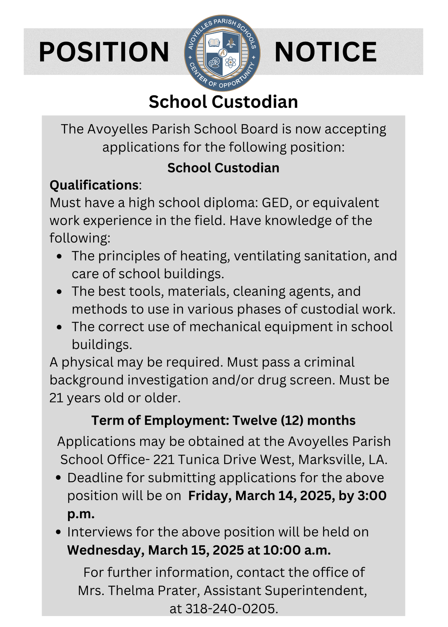 School Custodian Job Vacancy