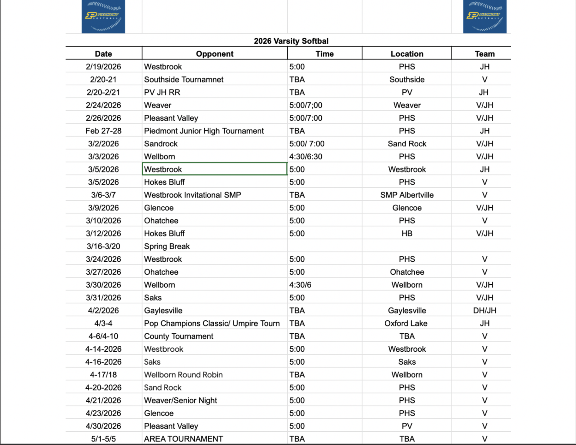 JR. HIGH SOFTBALL SCHEDULE