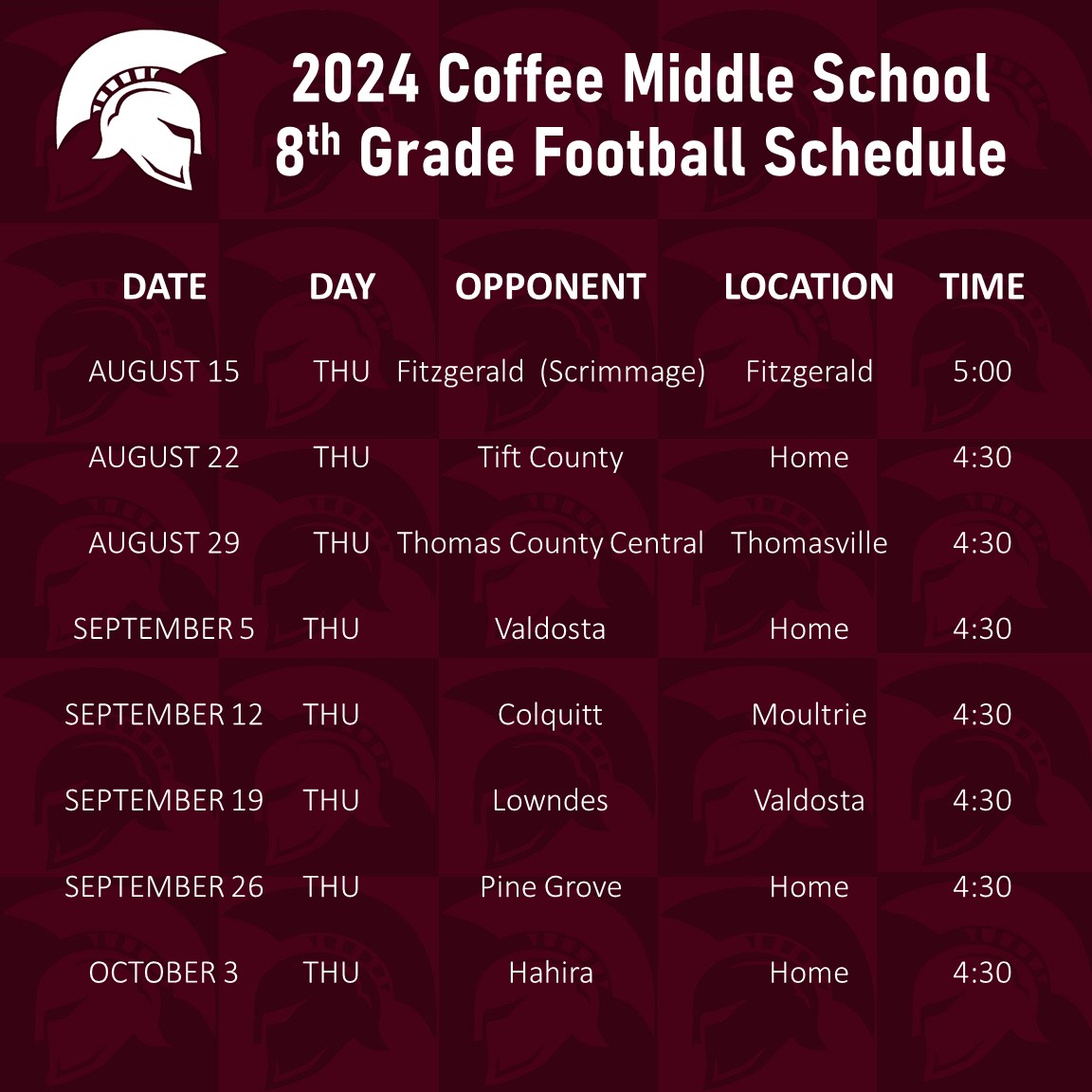 2024 Coffee Middle School 
8th Grade Football Schedule