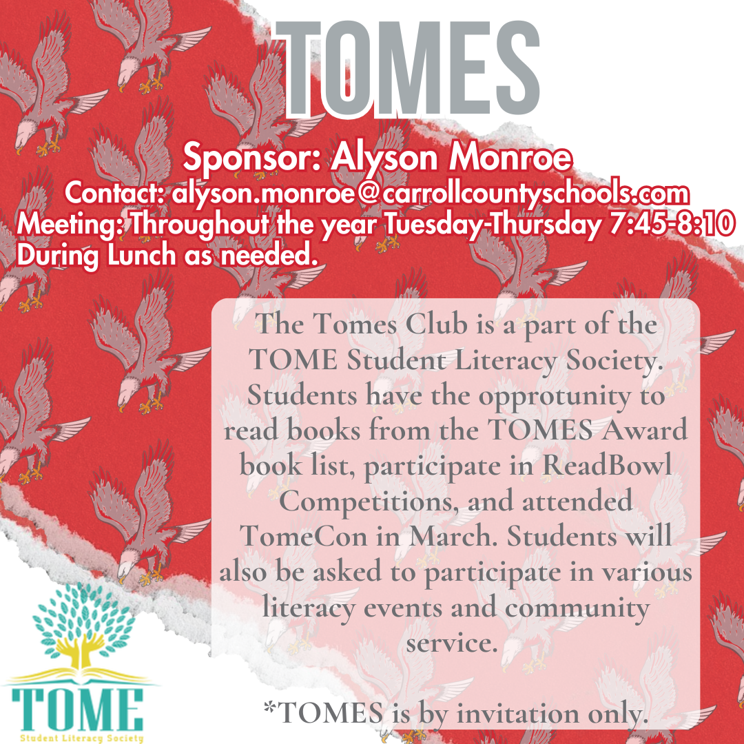 Tomes club; Tome Society is a non-profit organization based in Georgia that supports student book clubs for grades 2-12.The society hosts digital competitions, an annual conference called TomeCon, and maintains a curated list of new children's and young adult literature.Membership in the Tomes Club mentioned in the image appears to be by invitation only.Activities include participating in ReadBowl reading competitions, reading from the Tome Award list, and attending TomeCon