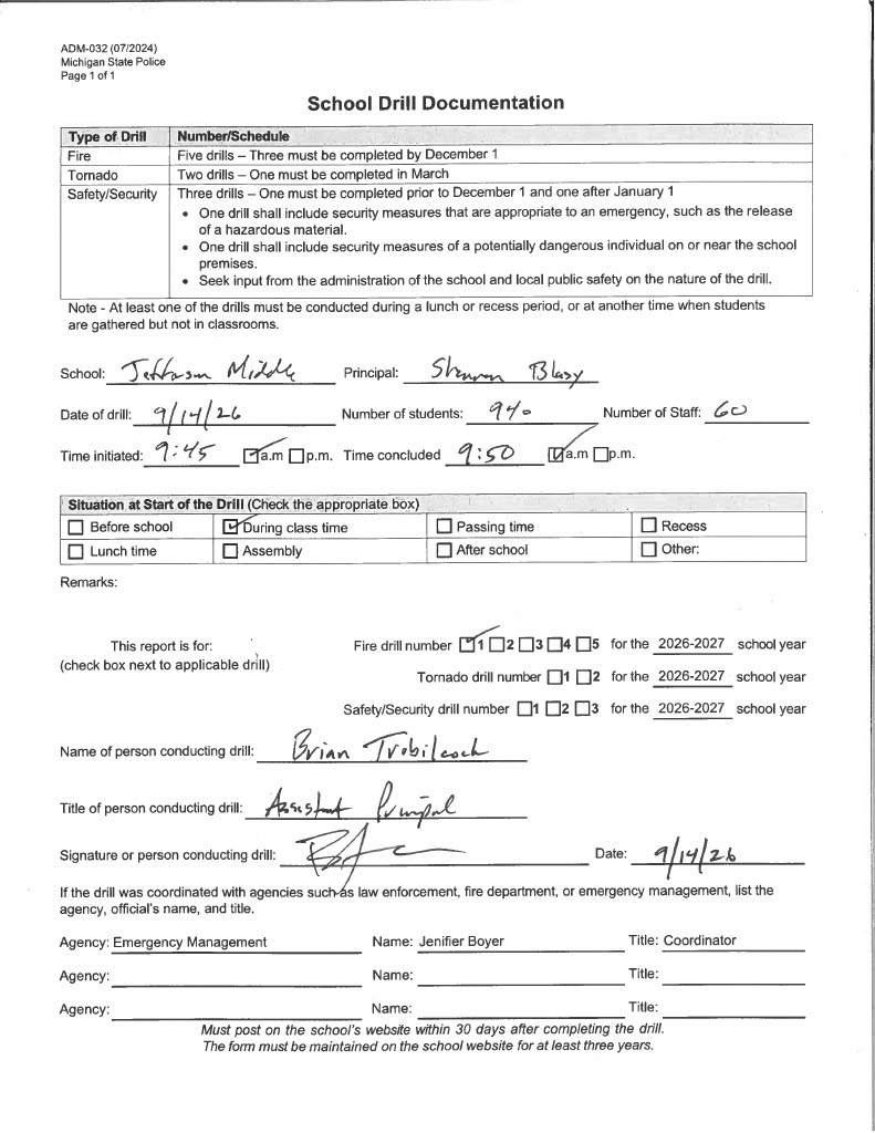 Jefferson Middle School fire drill form 2026-2027
