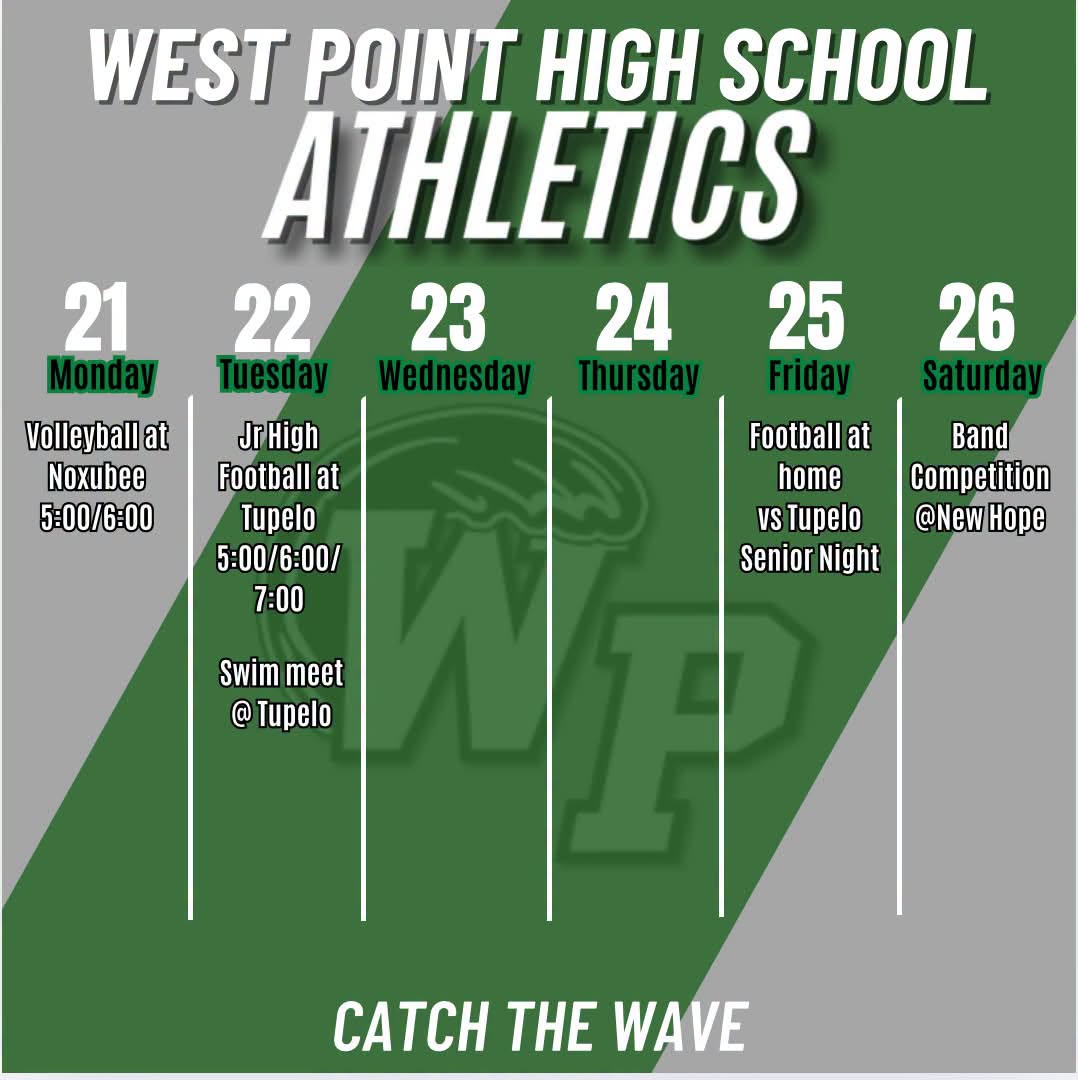 West Point High School Athletics weekly events flyer for September 21–26, 2026, listing volleyball at Noxubee, junior high football and swim at Tupelo, home football against Tupelo for Senior Night, and a band competition at New Hope.