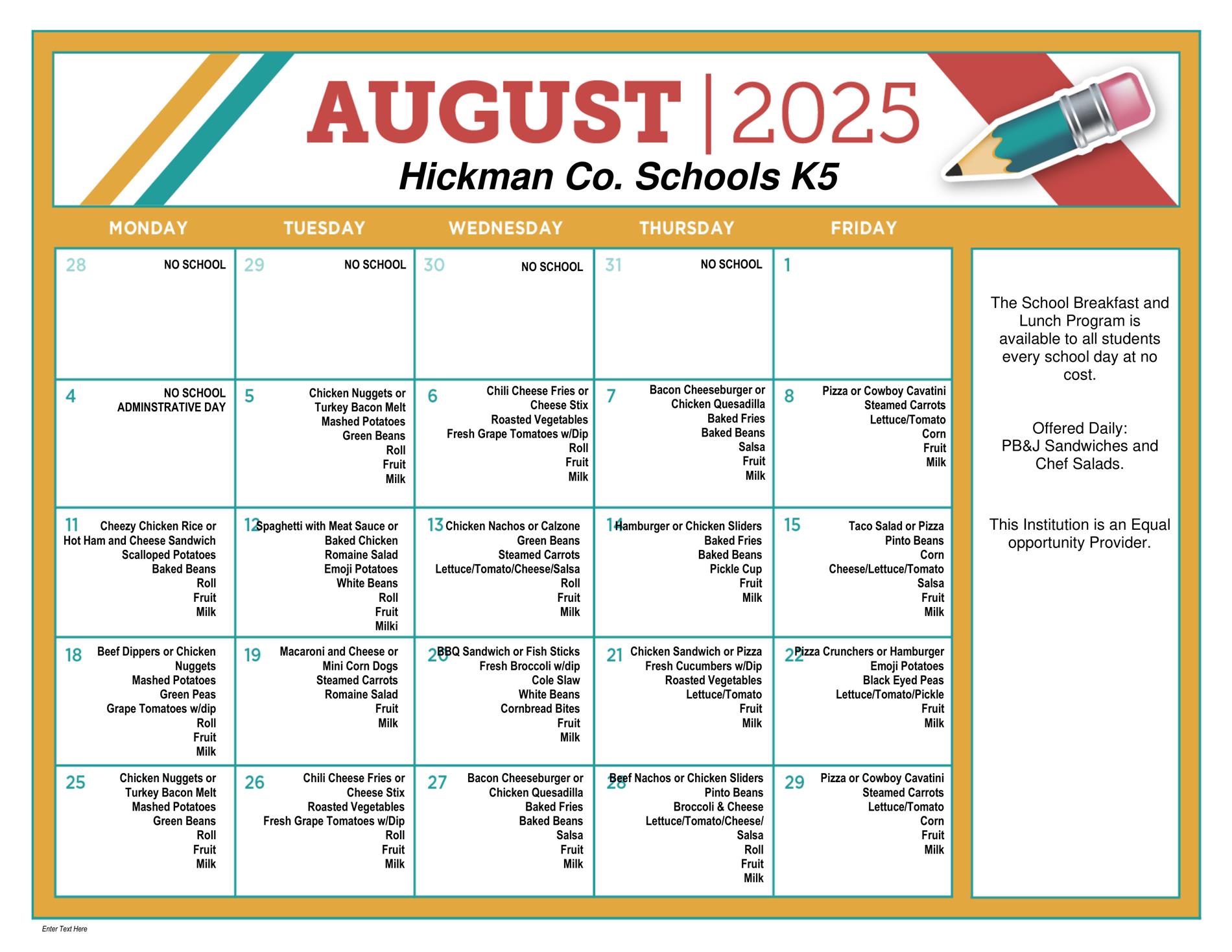 Menu for K5 for August